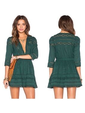 Tularosa Revolve Payton Lace Mini Dress Hunter Green Boho 3/4 Sleeve Small